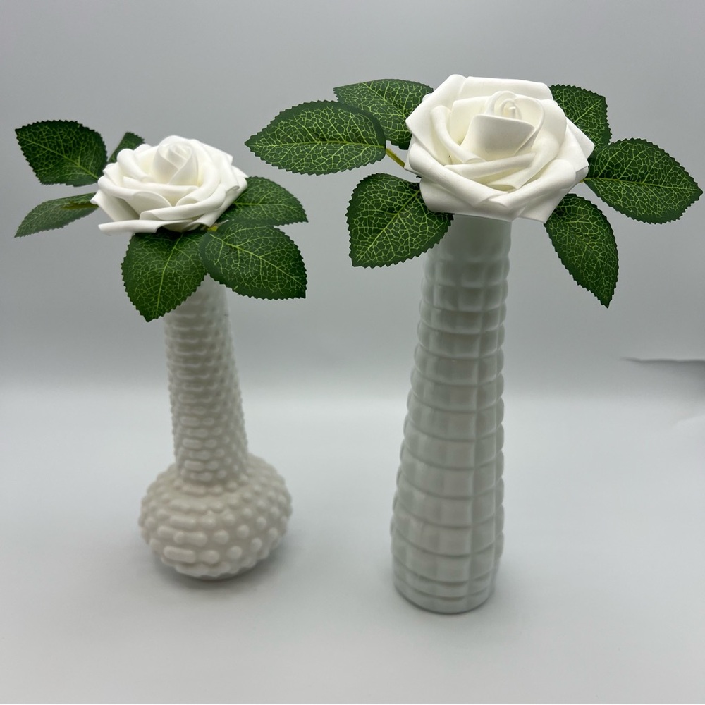 Vintage White Hobnail Milk Glass Bud Vases EO Brody Co M2000 USA MCM 7.5" & 8.5
